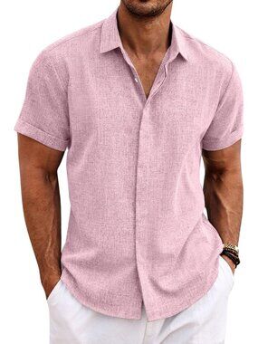 Men's  Pink Classic Beach Linen Short Sleeve Casual Imported Shirt